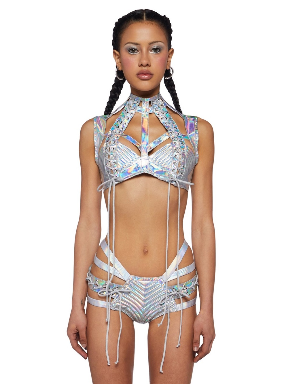 BNWT Club Exx Rude Awakening Holographic Lace-Up Festival Bra & Strappy Shorts